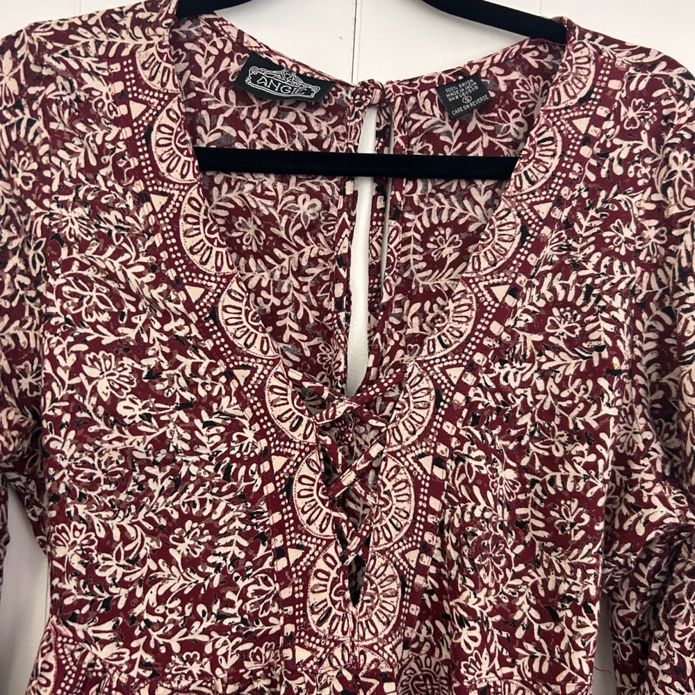 Angie Womens Burgundy Paisley Bell Sleeve Lace Up Mini Dress Small Boho Rayon - Picture 7 of 12